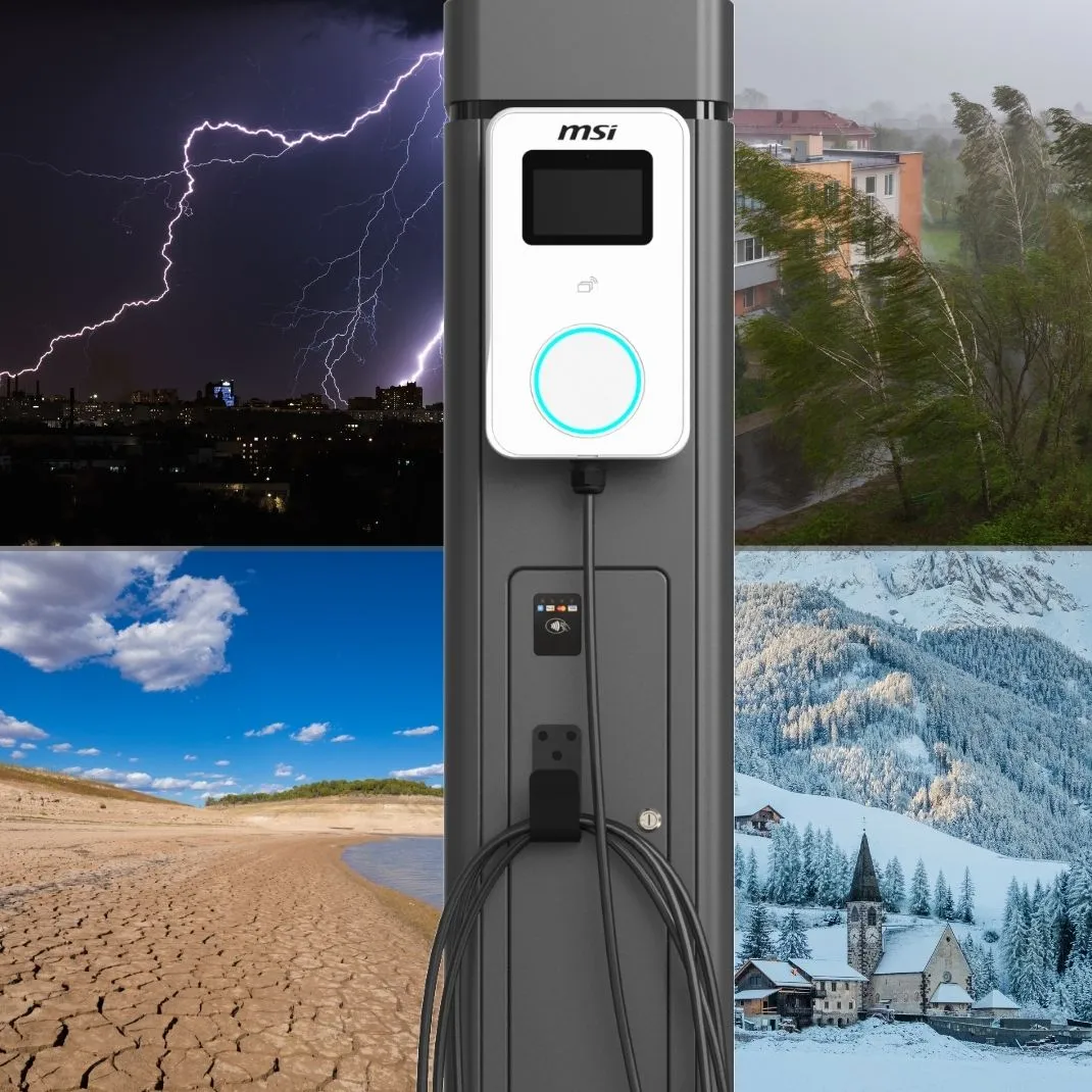 Borne de recharge MSI EZwall avec une variété de conditions météorologiques pour montrer sa fiabilité IP65